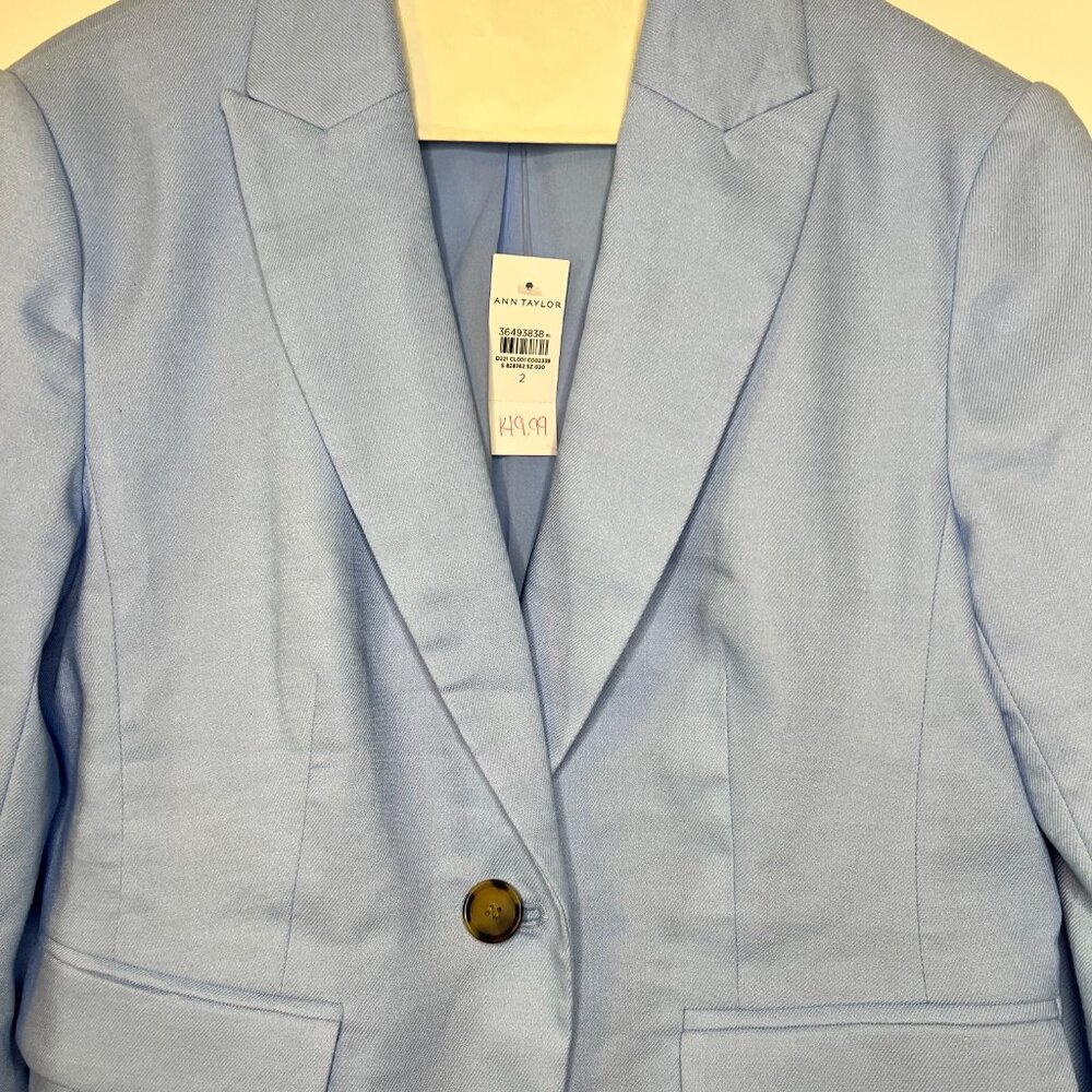 Ann Taylor NWT One-Button Peak Lapel Linen Twill Blazer Light Blue Size 2 - Picture 3 of 7